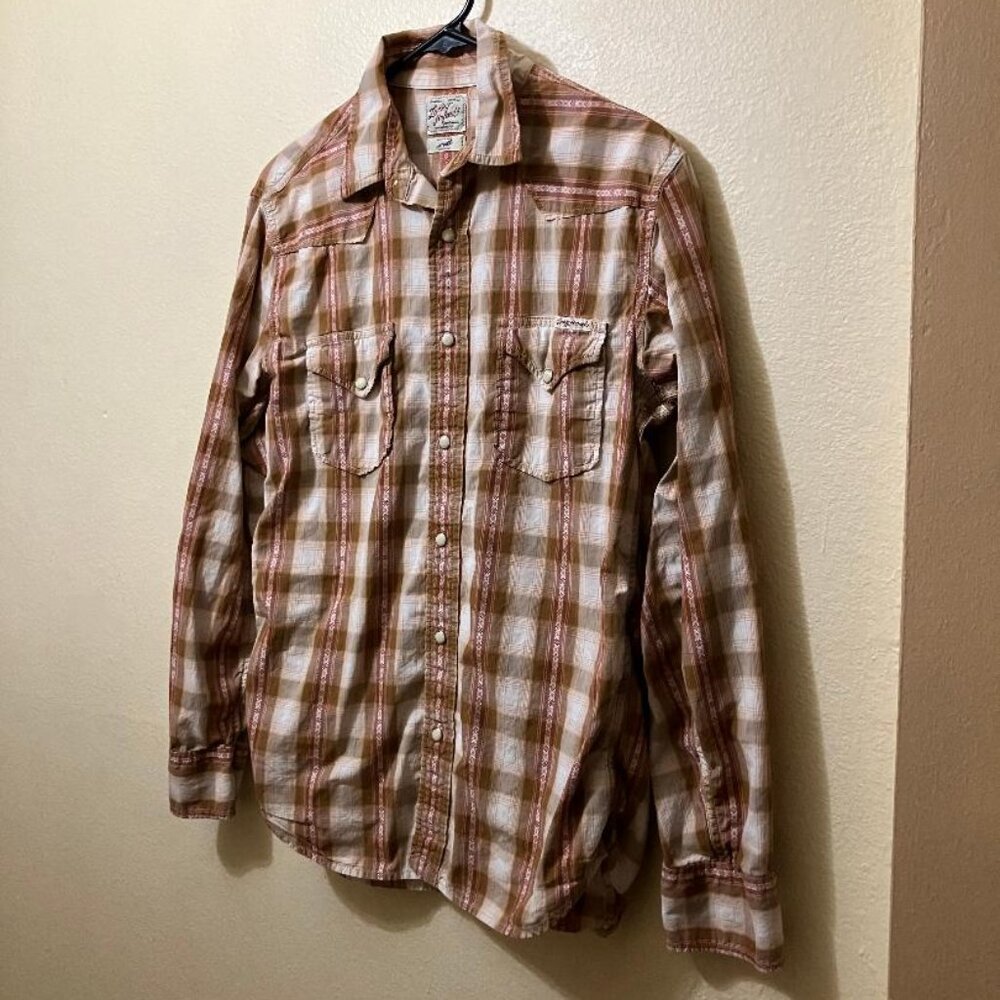 Lucky Brand Women's Brown Plaid Pearl Snap Western Long Sleeve Shirt Size Small
